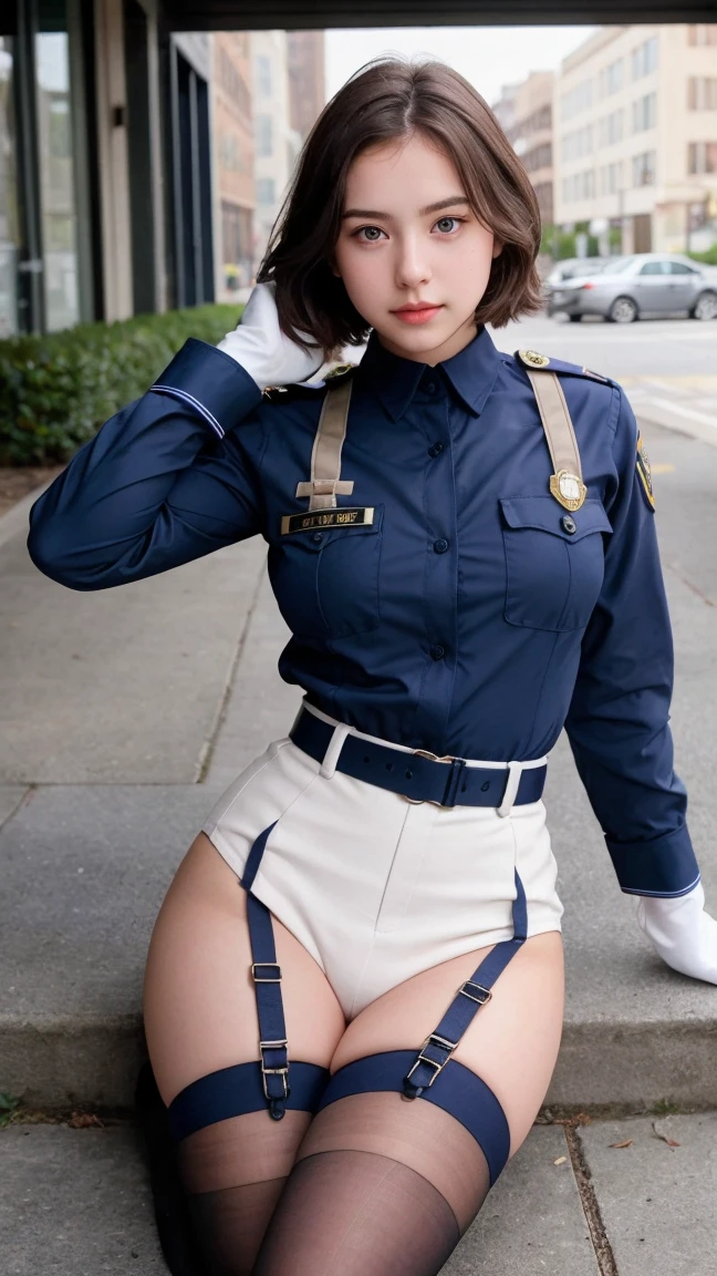 ((Highest quality)), Realistic, Photorealism, Realistic, High resolution, A girl in a military uniform,Shooting on the ground, beautiful, Baby Face, 20-year-old, White skin, 青White skin, Exposing Skin, Large Breasts, Gun pose, Looking into the camera, (Detailed face), short hair, Sexy Body, (Wearing uniform, Military Harness, Brown gloves,), The fabric color is dark blue with a purple base., bright