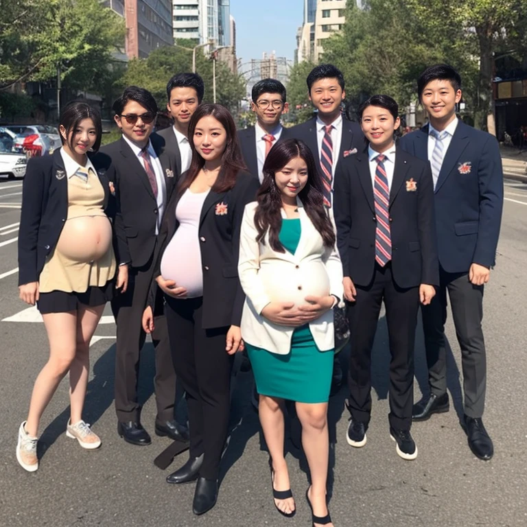 very very big pregnant midriff school blazer woman,belly button,street,(group photo,8 people)