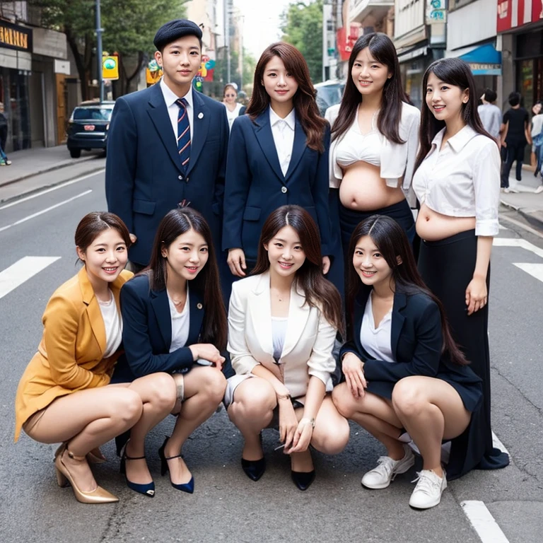 very very big pregnant midriff school blazer woman,belly button,street,(group photo,8 people)
