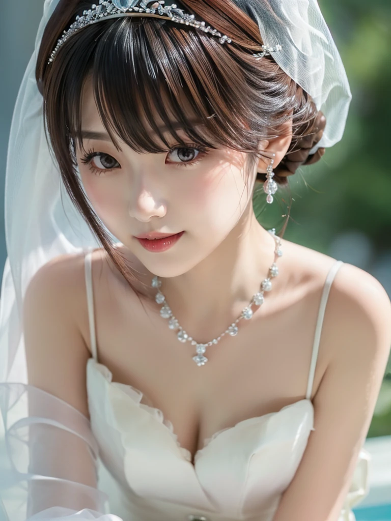 (Highest quality、4K、8K, masterpiece:1.3), Ultra detailed face, Detailed lips, Detailed eyes, double eyelid,
BREAK,
(Looking down:1.5), (close up:1.25), (Seductive pose:1.5),
BREAK,
1girl, 18 years old, smile,
BREAK,
ddkurumi, bridal veil, tiara, earrings, hair over one eye, jewelry, necklace, cleavage, bare shoulders, wedding dress, white dress, white gloves, elbow gloves
BREAK,
in the pool,
