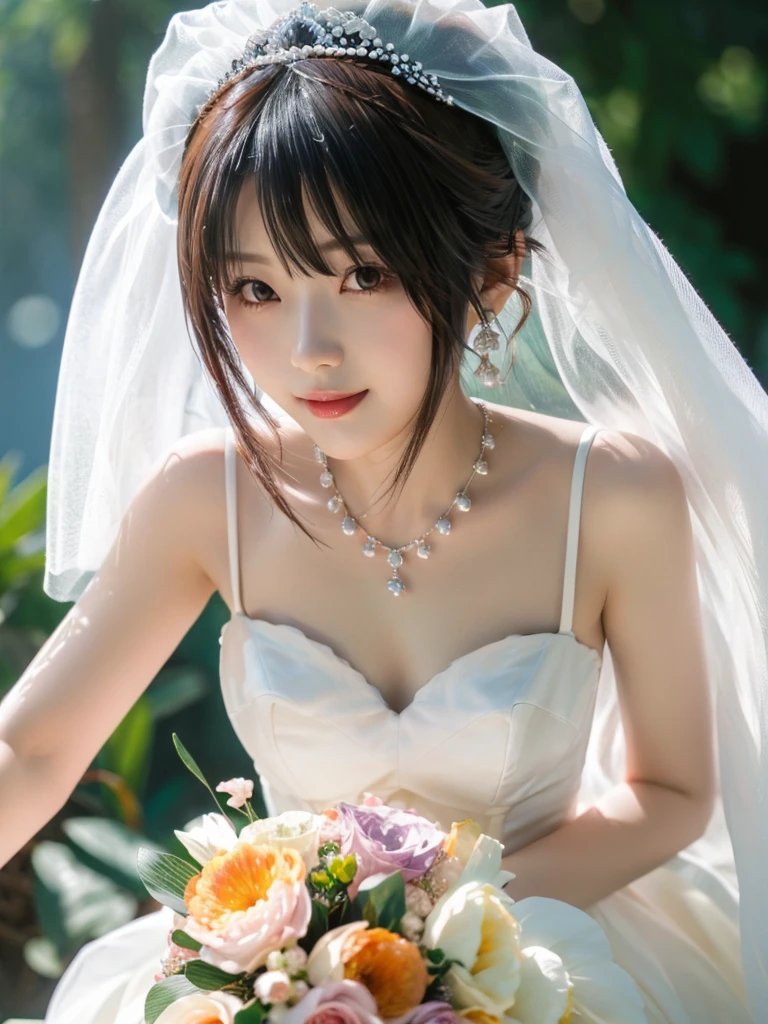 (((Pixel perfect, Perfect details))), alone, 1 girl, yuigahama yui, Close-up of beautiful bride wearing beautiful wedding dress,Gurwitz, looking at viewer,(bridal veil:1.5),(transparent short veil:1.5),makeup,pink blush,dark blue eye shadow,Blushing face,double-headed flower,headgear,(Bouquet:1.2),(tube top wedding dress:1.5),(Silk dress:1.2),(Strapless wedding dress:1.5),pure white dress,necklace,earrings,(large breasts:1.3),Bangs,pink lipstick,(White long elbow gloves:1.4),whole body照,High detail RAW color art,White long skirt,whole body,(china street:1.3),1girl,18 years old, (long twintails:1.5),(double bun hair:1.5), black hair