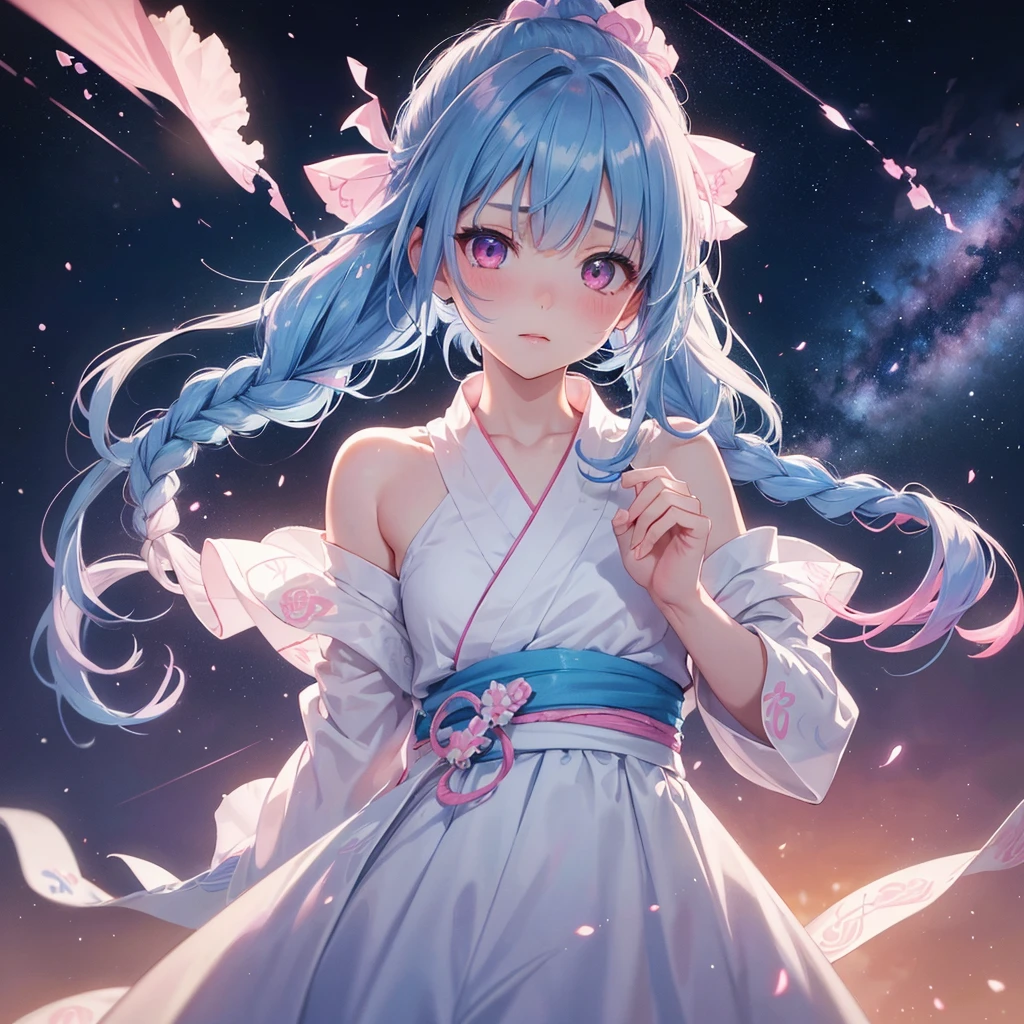 Sky blue hair, (One braided ponytail),(Pink Eyes),Fair skin ,(whole body),(One girl),White yukata,Tanabata,(The Milky Way in the night sky),Hollow Eyes,Blushing,Straight bangs,,Wedding dress,(masterpiece, Highest quality, Very detailed, Best Shadow), (Detailed Background), (Beautifully detailed face), High Contrast, (Best lighting, Very delicate and beautiful), ((Cinematic Light)), colorful, Hyper Detail, Dramatic Light, Intricate details,Reaching out,