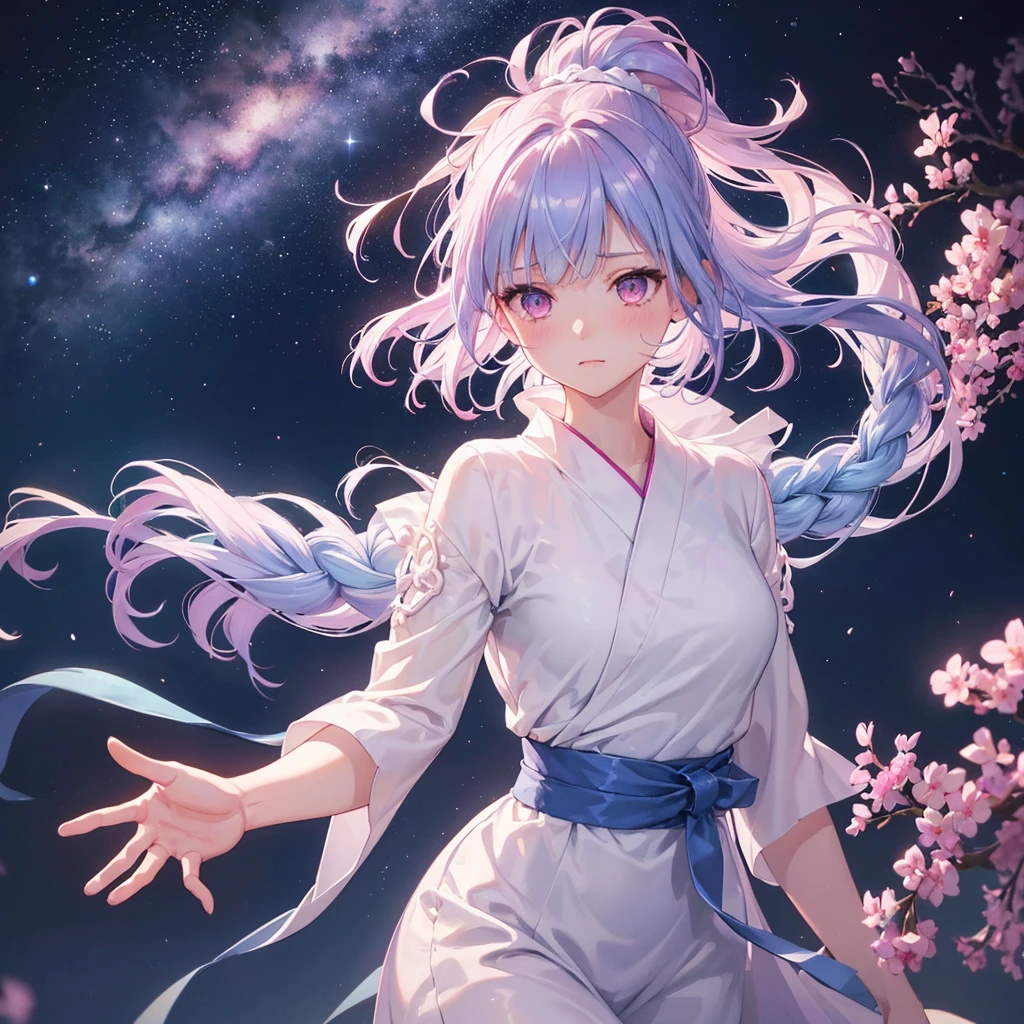 Sky blue hair, (One braided ponytail),(Pink Eyes),Fair skin ,(whole body),(One girl),White yukata,Tanabata,(The Milky Way in the night sky),Hollow Eyes,Blushing,Straight bangs,,Wedding dress,(masterpiece, Highest quality, Very detailed, Best Shadow), (Detailed Background), (Beautifully detailed face), High Contrast, (Best lighting, Very delicate and beautiful), ((Cinematic Light)), colorful, Hyper Detail, Dramatic Light, Intricate details,Reaching out,