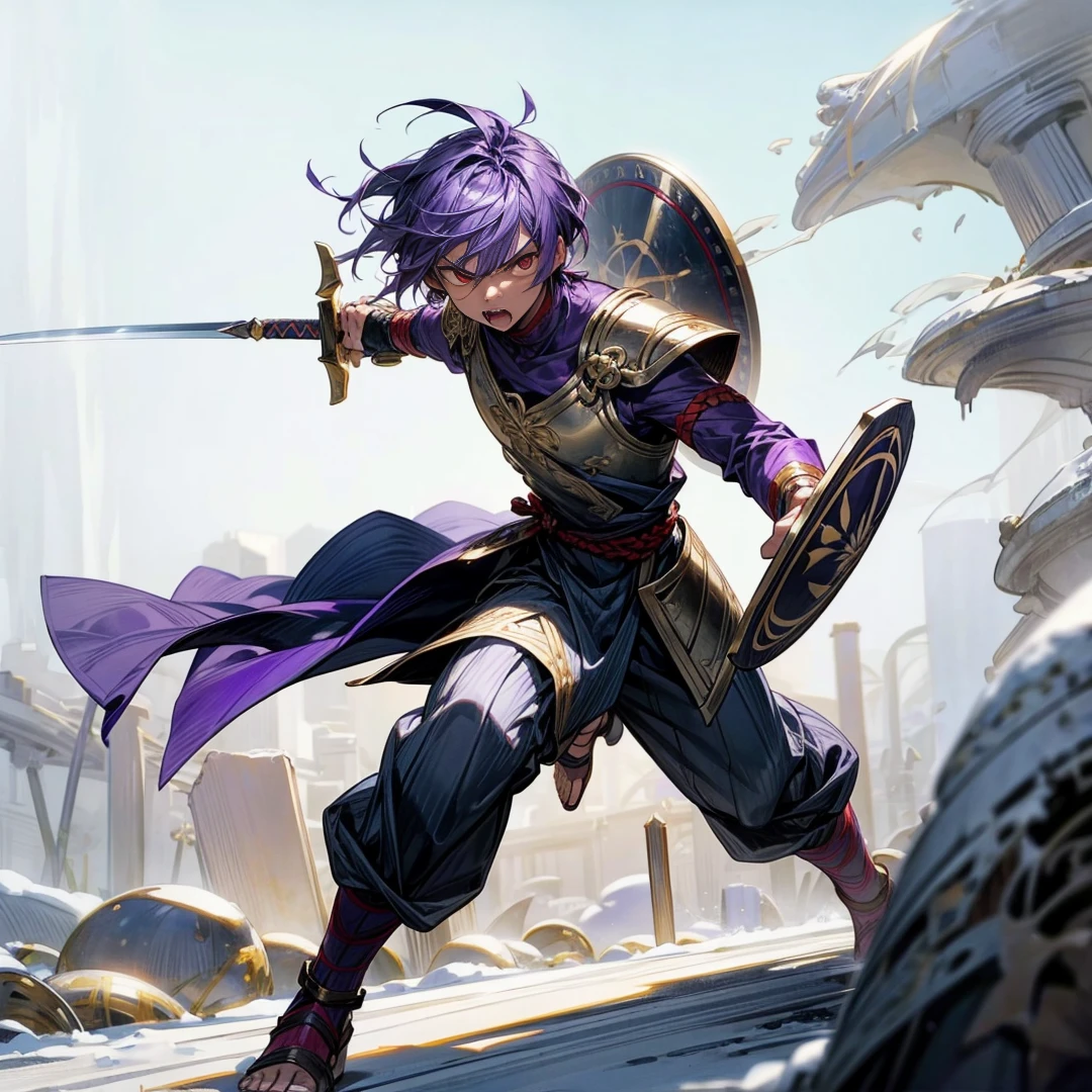1boy, Full body version, red eyes, tan colour skins, very angry eyes, cut hair, purple colour hair, very angry expression, ancient greek clothing, gladiator sandals, Rapier gold sword in hand, small shield gold, gold armor vest, Grassroots background in snow, sunlight, sun, Sun silhouette, sun glare, smoke, background clutter, damage, war gesture