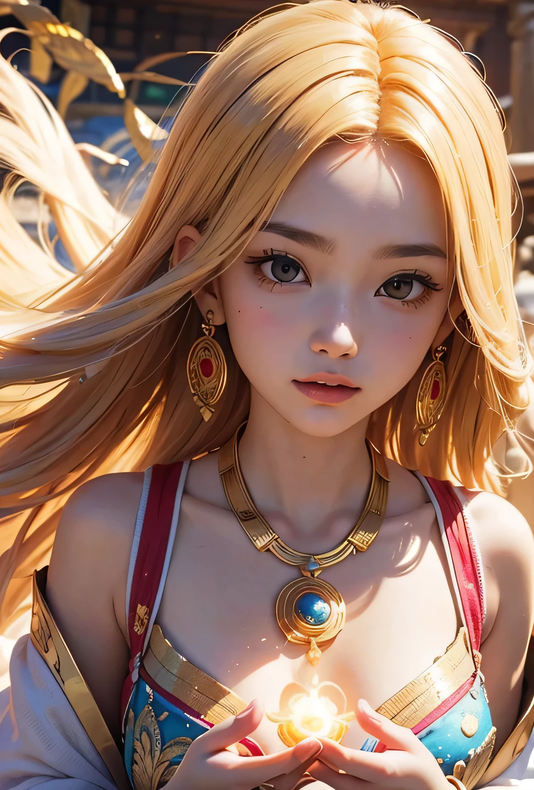 "Child of the Sun, Goddess of Love": Within a sacred sanctuary bathed in sunlight, depict the figure of a sun goddess who governs love, facing forward and emanating divine radiance. She is a , around 3 . Zoom in to focus on her face, with a gleaming orb of light in her hands, representing the life-giving power of the sun. Her hair is shimmering gold, and she is wearing a traditional miko outfit as seen in Japanese shrines. The background should be predominantly gold, evoking a sense of divine splendor, with numerous heart-themed objects expressing the beauty of love. The setting is in heaven, enveloped in soft, bright light, where one can find tranquility and peace of mind, free from any trace of anxiety.Straight-on.