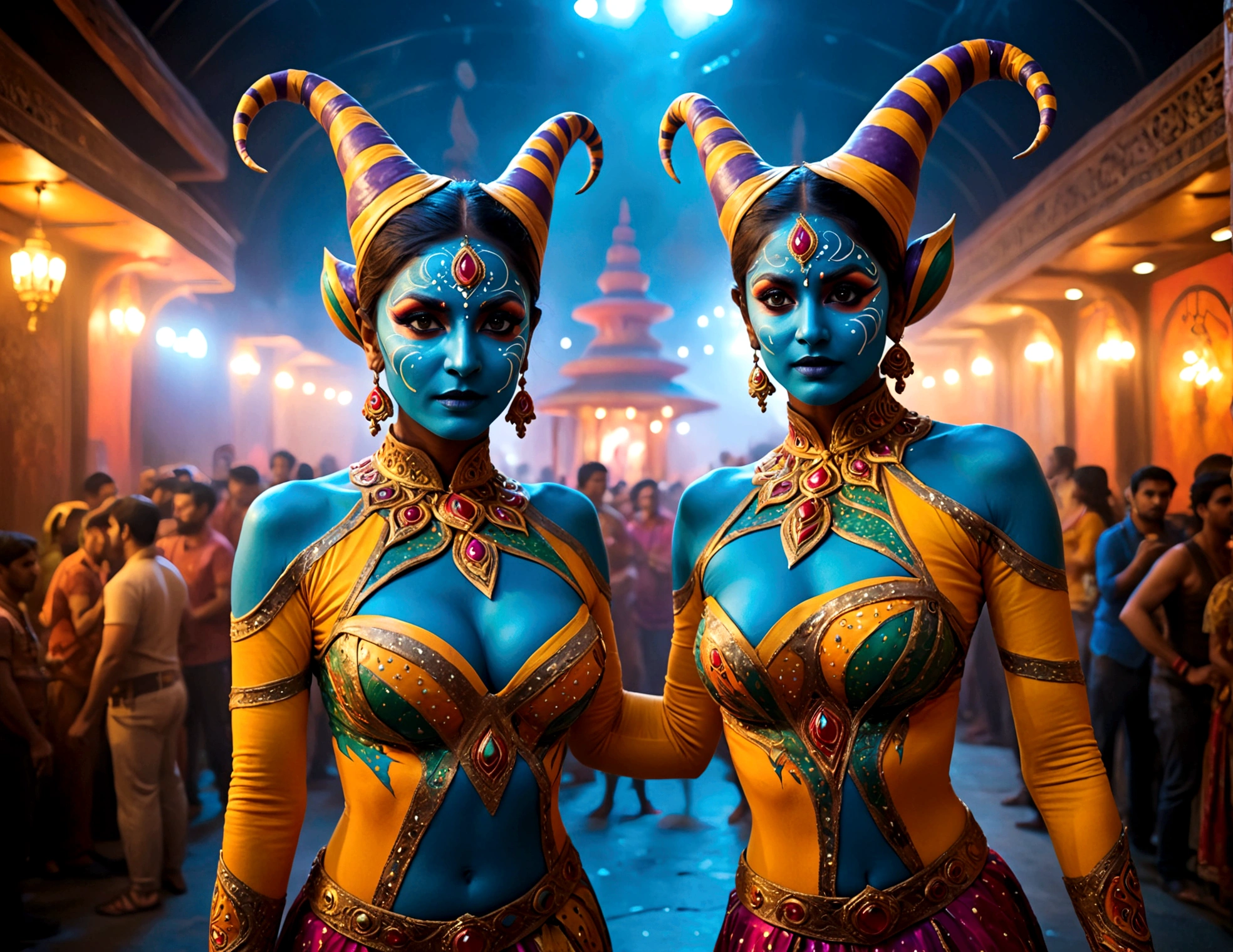 "(best quality, highres, ultra-detailed), 2 women, Desi, 40, average build, in colorful body paint,(playful, vibrant) jesters (costume is entirely body paint), wrestling for a crowd of rowdy aliens, in an(otherworldly) atmosphere,(fantastical, whimsical) outfits, (elaborate face makeup), (bright, vivid) colors, lively expressions, (dynamic poses), (mysterious, ethereal) lighting"
