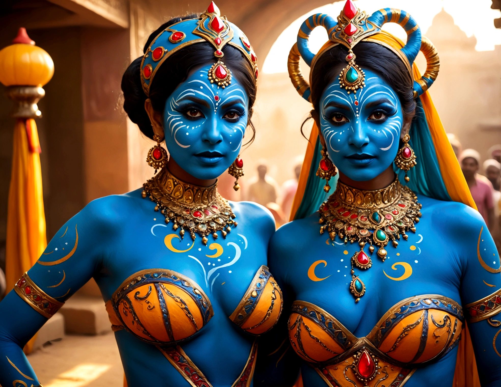 "(best quality, highres, ultra-detailed), 2 women, Desi, 40, average build, in colorful body paint,(playful, vibrant) jesters (costume is entirely body paint), wrestling for a crowd of rowdy aliens, in an(otherworldly) atmosphere,(fantastical, whimsical) outfits, (elaborate face makeup), (bright, vivid) colors, lively expressions, (dynamic poses), (mysterious, ethereal) lighting"
