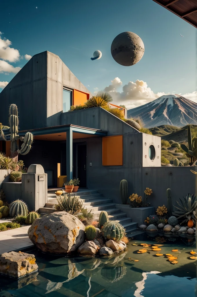 An illustration in collage style, with giant boulders, brutalist building sections, terraces, stairs, cacti, agave, concrete texture, multiple geometric shapes, hatch and cross hatching, planet saturn, volcano, moon, Luis Barragán's architectural style build, milky way galaxy, violet, one motorcycle, An illustration in collage style, with giant boulders, brutalist building sections, stairs, cacti, agave, concrete texture, multiple geometric shapes, hatch and cross hatching, planet saturn, volcano, moon, Luis Barragán's architectural style build, reflective pool, terraces. An elegant and modern build, in top of big boulders, with terraces, materials concrete, wood, steel and crystal, various gardens with tropical vegetation, cacti and rocks, stairs, a pool. In middle of sea, a big wave near, sunset, mountains and a volcano in the horizont, cute islands around, illustration format, cute color palette, detailed, masterpiece, award-winning work, clouds, Illustration, a garden with abundant cacti, ((various organic sculptures)), ((big rocks)), (((multiple sections))), collage style, detailed, (((color palette (olive green), (Mustard orange), cool grey, ((blue)), black and white))), (((a lot Luis barragán's architecture style builds))) big clouds, volcano in horizon, stairs, in the desert. ((masterpiece, best quality)),illustration,ultra detailed 8k, ((Ori Toor visual style)),soviet, megabuildings, megastructures, buildings, organic steel sculpture