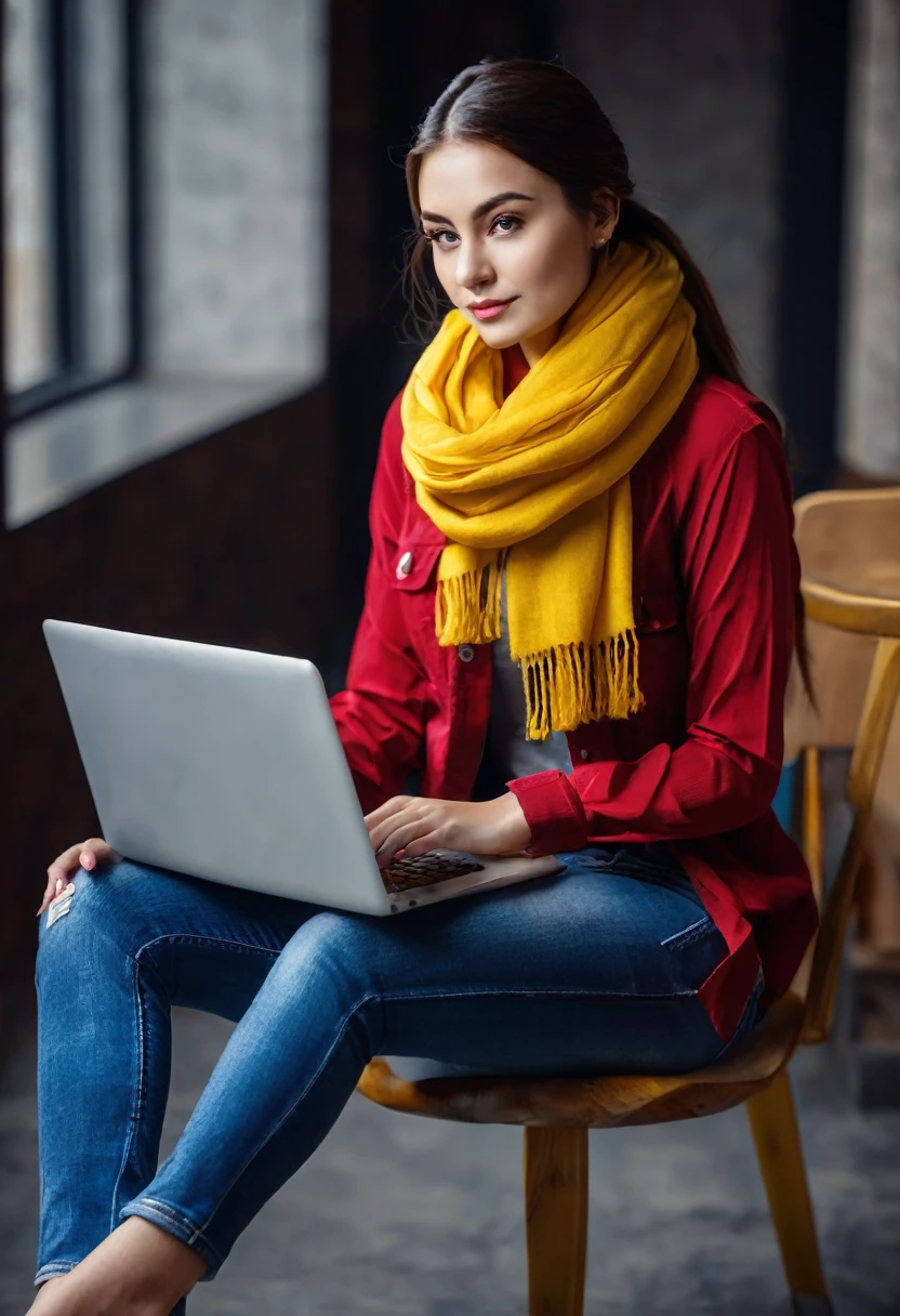 create a 30 years old beautiful girl , wearing red shirt, blue jeans , red sneakers, yellow scarf , using laptop , sitting on a chair