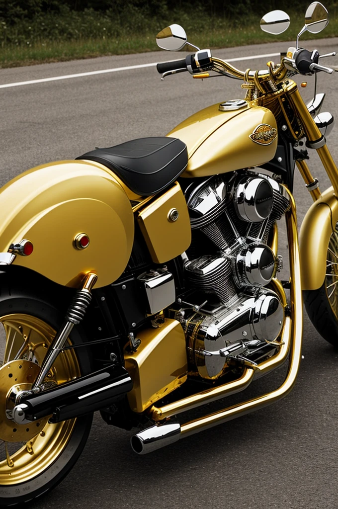 Golden chopper motorcycle with very exaggerated white