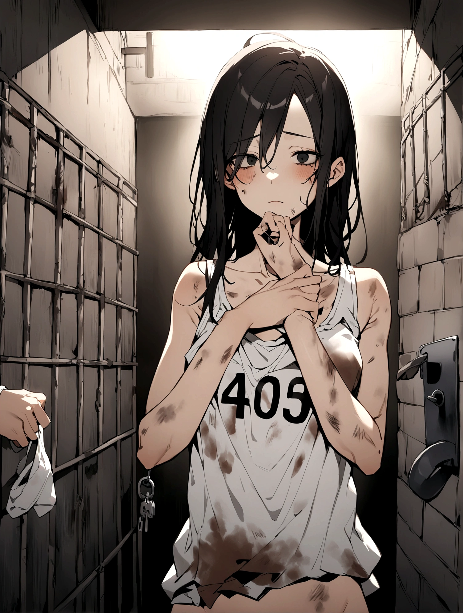 Thin woman、Tattered clothes、White tank top、Skinny body、Black Hair、black eye、Unhealthy appearance、Thin limbs、足にLockが繋がれている、basement、Dark Room、Lock、dirty prison、Hold your number plate in front of your chest