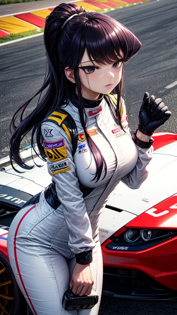((perfect hands)), ((perfect anatomy)), (((komi_shouko))), purple hair, ponytail, purple eyes, large breast, wet body, race queen, dark blue nomex, red bull nomex, unbottened nomex, street race circuit, sit on a race sport car, enamel, glint