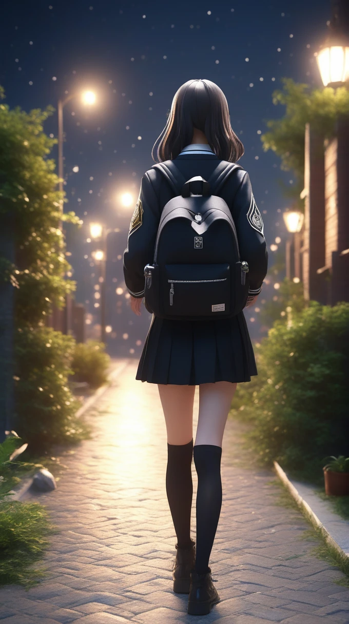 High school girls、walk、Back view、Black backpack、whole body、uniform,night