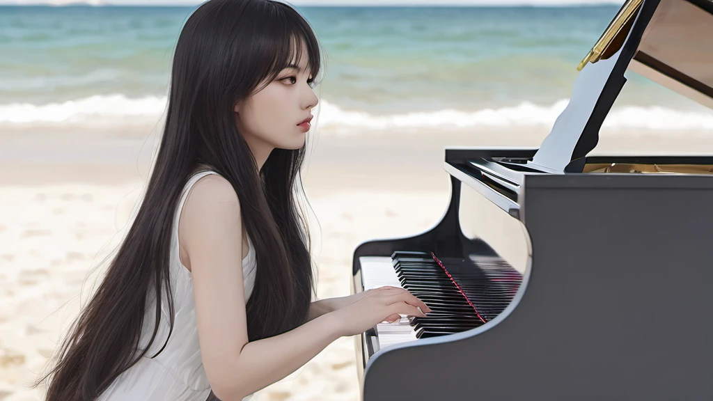 xxmixgirl,,Jing-Hao Zhang style, dark gray and light black, 8K resolution, Miho Hirano, character caricature, Albert Edelfeldt, playing the piano
、beach