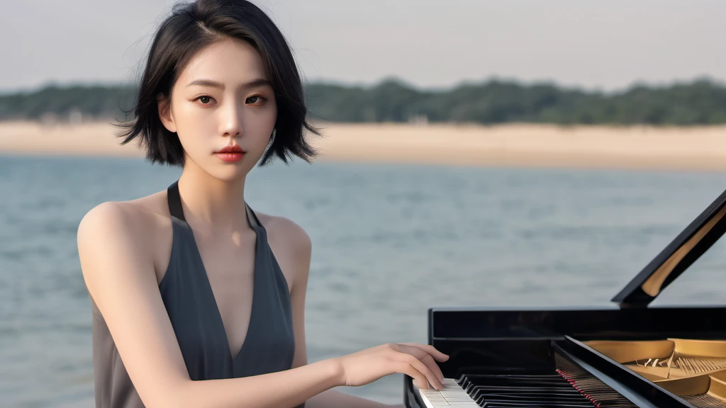 xxmixgirl,,Jing-Hao Zhang style, dark gray and light black, 8K resolution, Miho Hirano, character caricature, Albert Edelfeldt, playing the piano
、beach