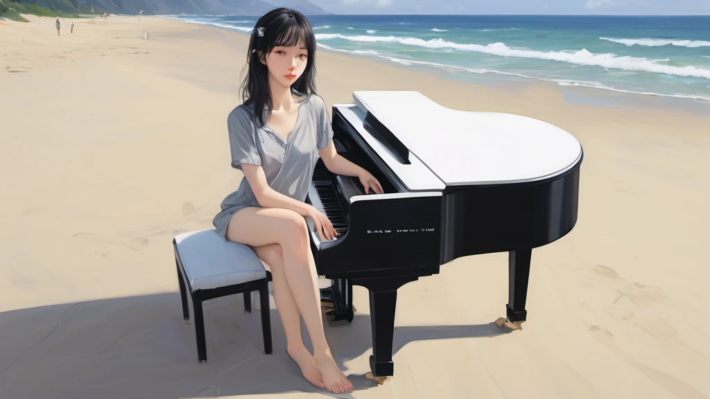 xxmixgirl,,Jing-Hao Zhang style, dark gray and light black, 8K resolution, Miho Hirano, character caricature, Albert Edelfeldt, playing the piano
、beach