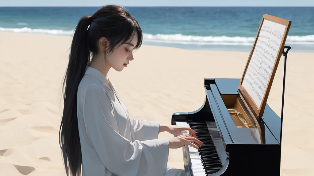 xxmixgirl,,Jing-Hao Zhang style, dark gray and light black, 8K resolution, Miho Hirano, character caricature, Albert Edelfeldt, playing the piano
、beach