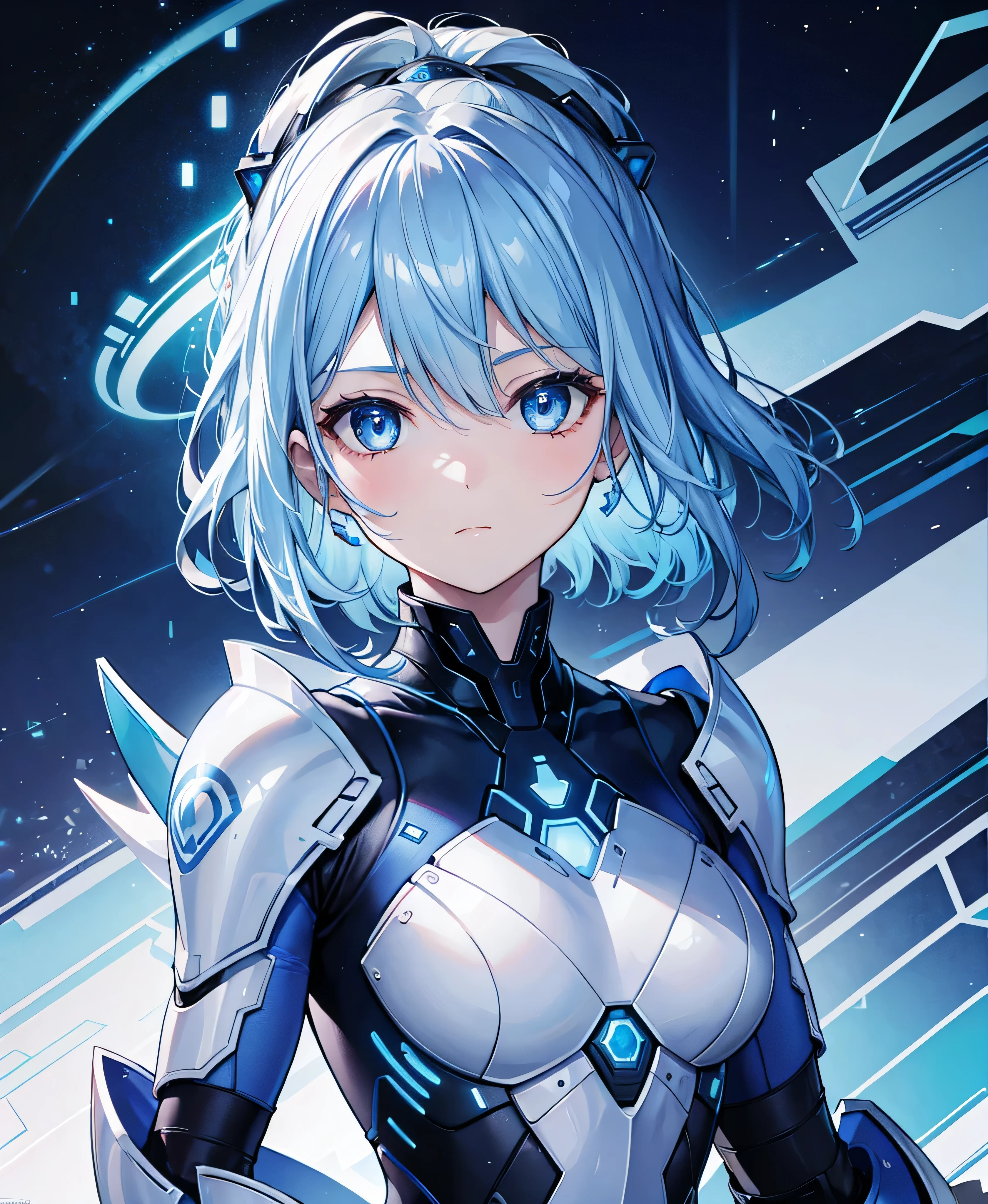 8K, Highest quality, (real:1.4), Original photo, 1 girl, Asari Hair, Biological Amplifier, refined armor, posture: Peace talks between warring factions, smart blue eyes