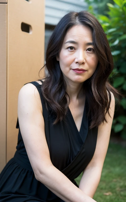 ((Best Quality, 8k, Masterpiece: 1.3)), Photorealistic, Sharp Focus, High Quality, High Definition, Portrait, Solo, Japan, Middle Aged Woman nude, Beauty, 43 years old, Plump, Wavy Hair, Wrinkles at the corners of the eyes:0.5, Narrow backyard, Lots of boxes, Lots of files, Dark background