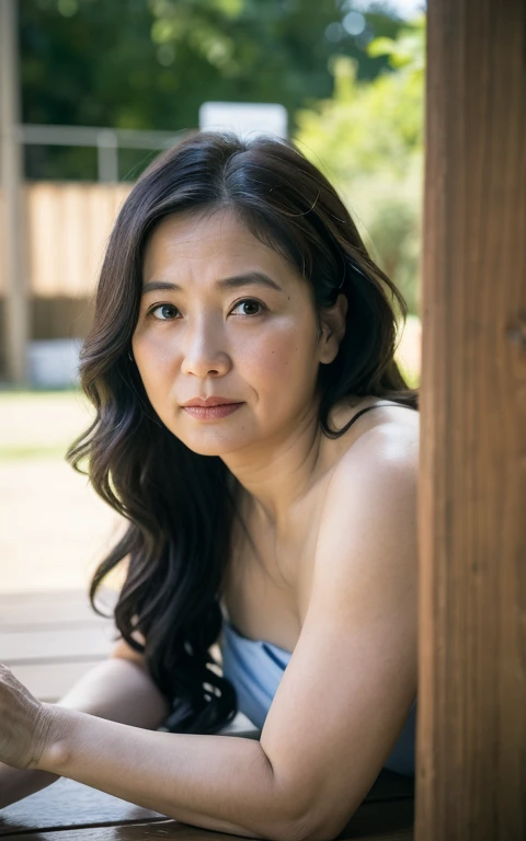 ((Best Quality, 8k, Masterpiece: 1.3)), Photorealistic, Sharp Focus, High Quality, High Definition, Portrait, Solo, Japan, Middle Aged Woman , Beauty, 43 years old, Plump, Wavy Hair, Wrinkles at the corners of the eyes:0.5, Narrow backyard, Lots of boxes, Lots of files, Dark background