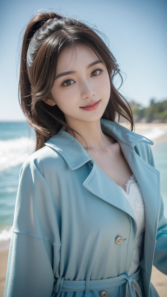 Smiling, (Best quality details:1.2),8K high definition,Ultra detailed,High quality texture,Intricate details,Detailed texture,finely detailed,High detail,Extremely detailed CG,Highqualityshadow,Detailed beautiful delicate face,(Detailed beautiful delicate eyes:1.32),Depth of field,Ray tracing,(A beautiful 25 year old lovely classical Chinese lady:1),Glow eyes,Blush, Perfect  body，Dance,Free dance,Spin dance,Blue trench coat set, Sunlight，Sea sky background，The sea breeze blows，The world is vast