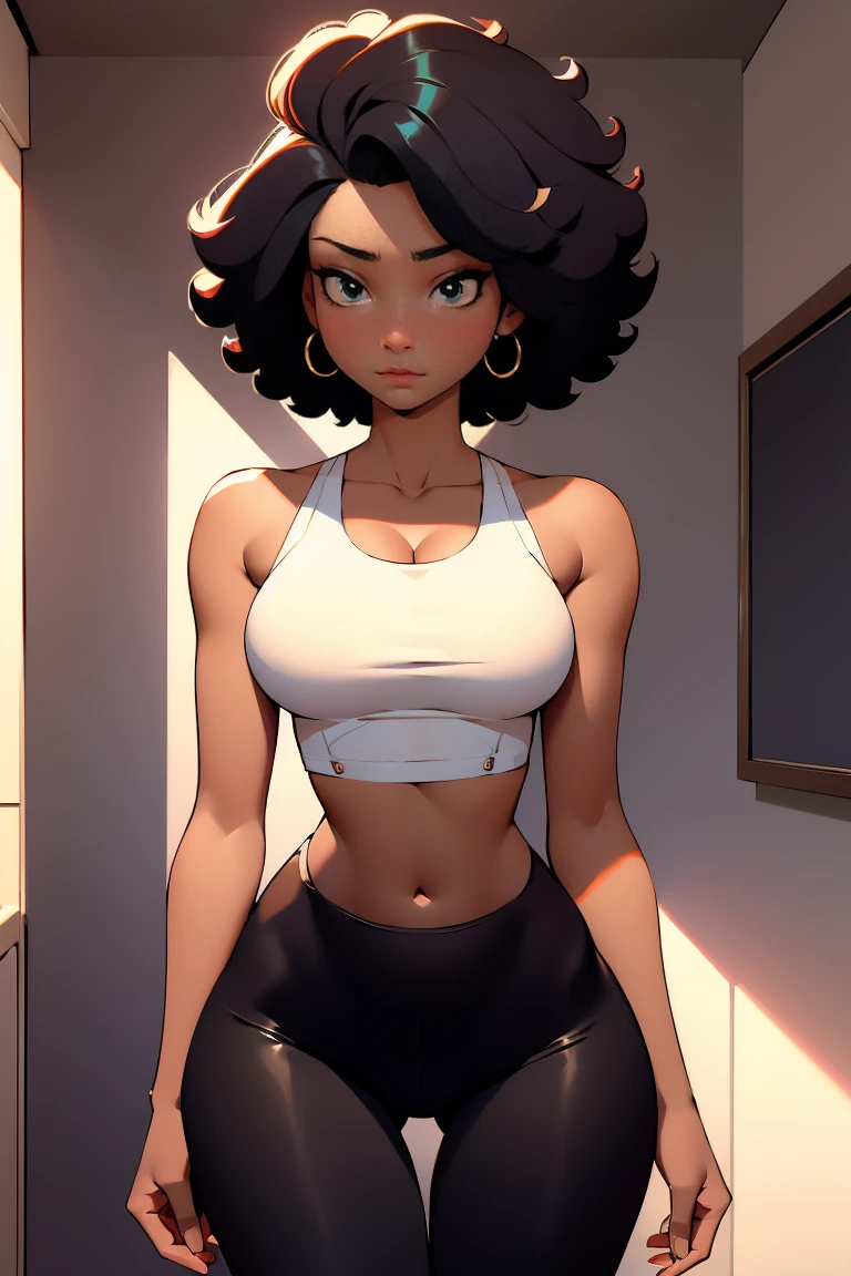 afro american girl, dark skin, afro haircut, 1 girl, solo, wears underwears, black leggins, black bra, sexy, sleveless, medium perky tits, wide hips