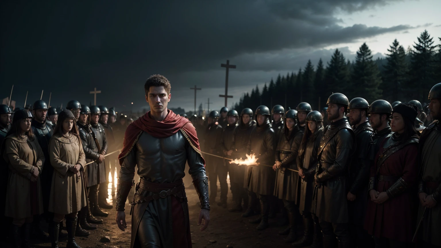 Ultra-realistic scene showing Andrew being led to his X-shaped cross by Roman soldiers. The background captures the tension of the moment, with the crowd's mixed reactions of fear and sorrow. Andrew's face reflects a combination of resolve and serenity, emphasizing his willingness to embrace his fate for his faith. Rendered in vivid color and high detail to meet the specifications of a photograph taken by a lens Panasonic Lumix G Leica DG Nocticron 42.5 mm f/ 1.2. The image aims to achieve super-realism, epic composition, depth of field, hyper-detail, and is designed for editorial photography with qualities of super-resolution 16k, UHD, HDR. Conceptual art, soft, intricate, photorealistic, 16k UHD image, surreal atmosphere.
