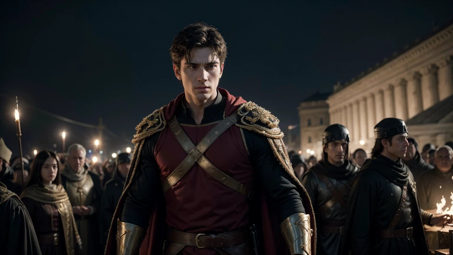 Ultra-realistic scene showing Andrew being led to his X-shaped cross by Roman soldiers. The background captures the tension of the moment, with the crowd's mixed reactions of fear and sorrow. Andrew's face reflects a combination of resolve and serenity, emphasizing his willingness to embrace his fate for his faith. Rendered in vivid color and high detail to meet the specifications of a photograph taken by a lens Panasonic Lumix G Leica DG Nocticron 42.5 mm f/ 1.2. The image aims to achieve super-realism, epic composition, depth of field, hyper-detail, and is designed for editorial photography with qualities of super-resolution 16k, UHD, HDR. Conceptual art, soft, intricate, photorealistic, 16k UHD image, surreal atmosphere.