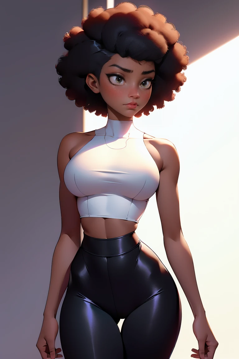 afro american girl, dark skin, behind view, afro haircut, 1 girl, solo, (black leggins) (crop tank top, cleavage), sleveless, medium perky , wide hips
