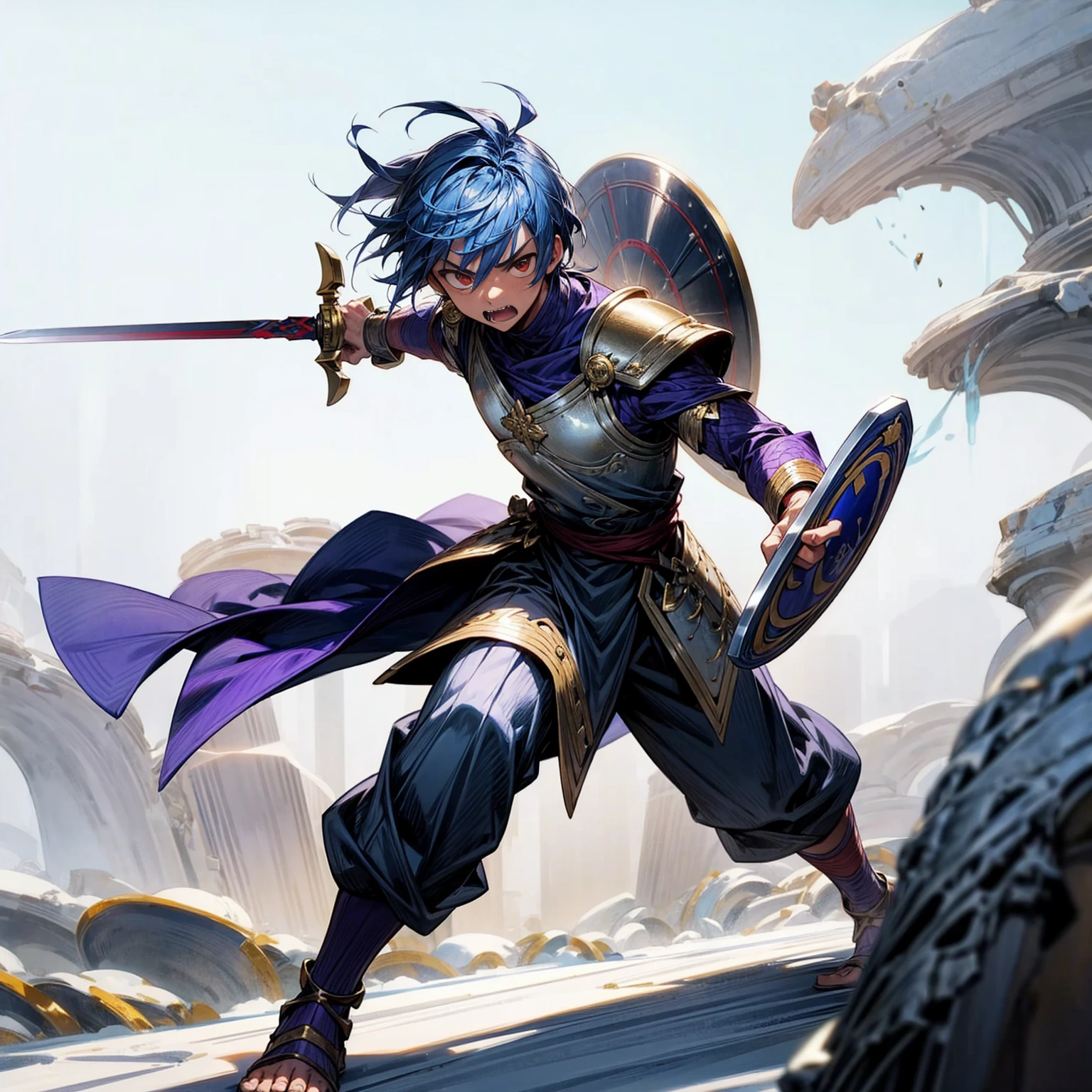 1boy, Full body version, red eyes, tan colour skins, very angry eyes, cut hair, blue colour hair, very angry expression, ancient greek clothing, gladiator sandals, Rapier gold sword in hand, small shield gold, gold armor vest, Grassroots background in snow, sunlight, sun, Sun silhouette, sun glare, smoke, background clutter, damage, war gesture