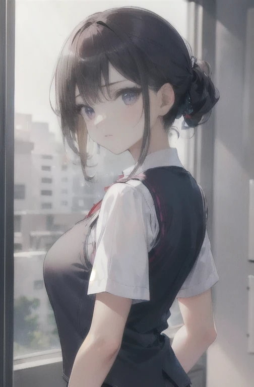 1 girl, mature female, vest, 弓, best qualityer, hires, face detailed, DESK, window buildings, detailed back ground, diffused sunlight, Depth of field, bokeh