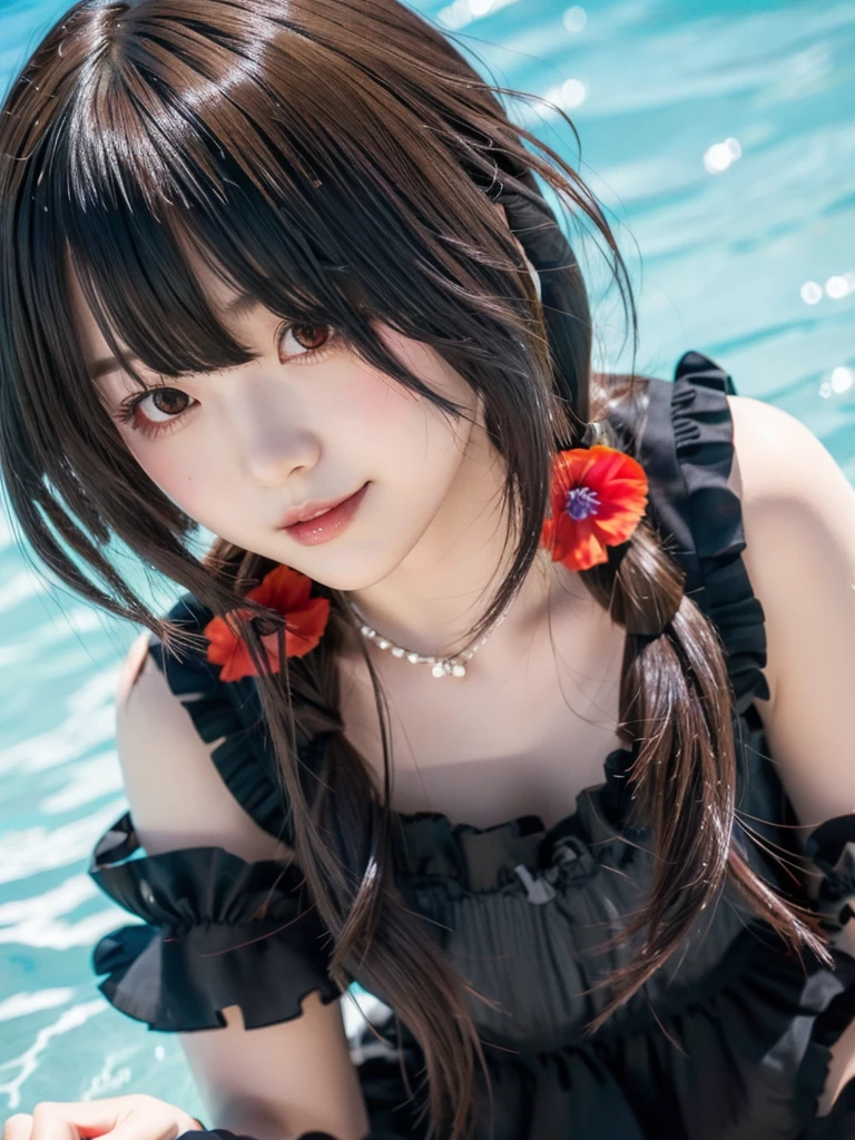 (Highest quality、4K、8K, masterpiece:1.3), Ultra detailed face, Detailed lips, Detailed eyes, double eyelid,
BREAK,
(Looking down:1.5), (close up:1.25), (Seductive pose:1.5),
BREAK,
1girl, 18 years old, smile,
BREAK,
cckurumi, long hair, low twintails, hair flower, hair over one eye, hair bow, gothic, black dress, ribbon,
BREAK,
in the pool,