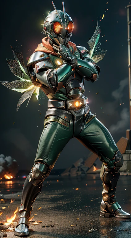 (kamen rider, (close up punch to viewer), full body detailed, detailed hands, good fingers, good hands, good legs, scarf, low hood, ruins, floating, explosion, debris, some fire and glitter background, ((green glowing core in armor)), ultra hd, ultra realistic texture, (flare lens:1.2), (long shot:0.9)