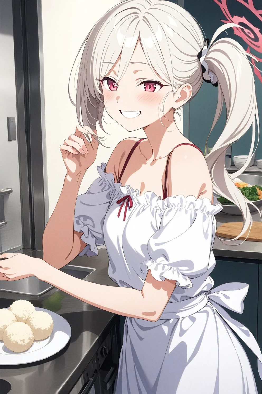 best quality, amazing quality, very aesthetic, absurdres, (1girl, mutsuki, blue archive, solo, red eyes, white hair, side ponytail), (realistic face:0.9),(off-shoulder dress:1.8),dress lift, (grin, blush, thigh:1.3), (cowboy shot), (glowing eyes:1.1), (half closed eyes:0.9), (from side:2),(official art:1.3), (kitchen), expressive eyes, perfect face, 4k, extremely detailed anime illustration, extremely detailed eyes, perfect anatomy, light rays, extremely delicate body, smooth skin, (school background:1.5), clear eyes, beautiful face, small breasts,(anime style:1.5), (Chiaroscuro:1.5), (highres:2), In the kitchen, brightly lit by the morning sun, a woman in a white apron is smiling at us. In her right hand is a handful of rice balls, and in her left is a small white plate filled with salt. Her smile is as if she is saying, "Look, it's almost ready.