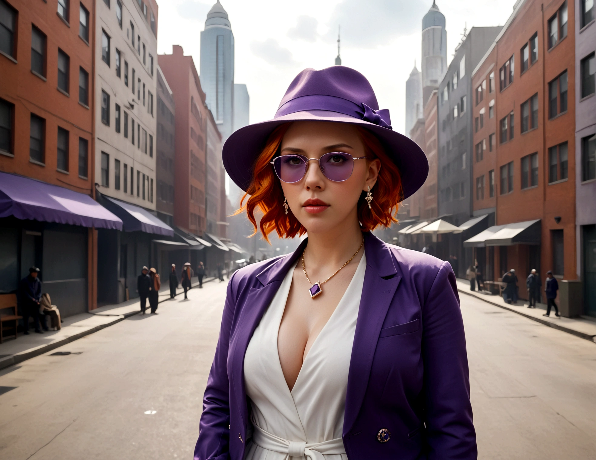 1girl (Scarlett Johansson), solo, yorigami jo'on, orange hair, drill hair, eyewear on head, orange eyes, jewelry, bow, white dress, purple jacket, pendant, earrings, hat, standing, hand on hip, looking at viewer, one eye closed, smirk, outdoors, city