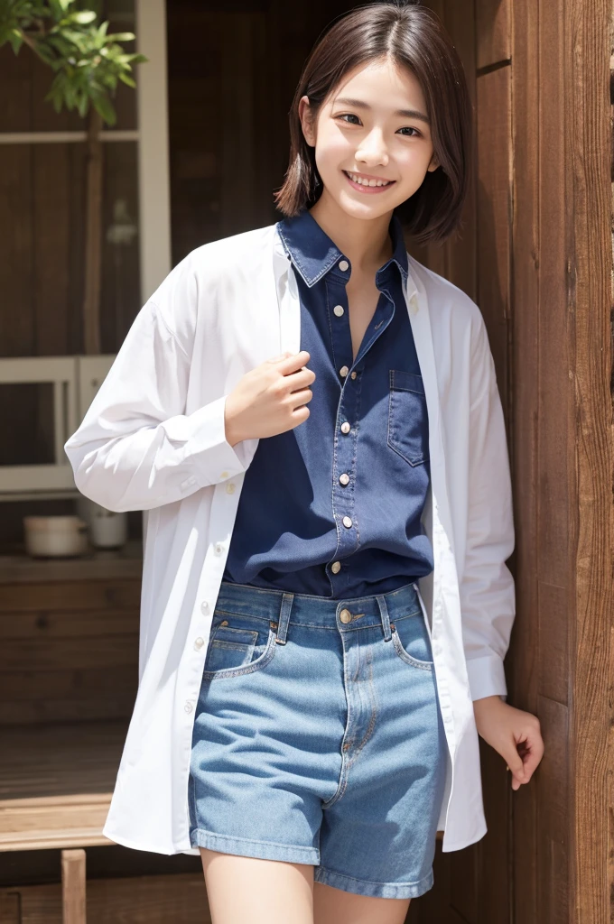 ((Highest quality))、Beauty、smile、All open shirt、Hemming、