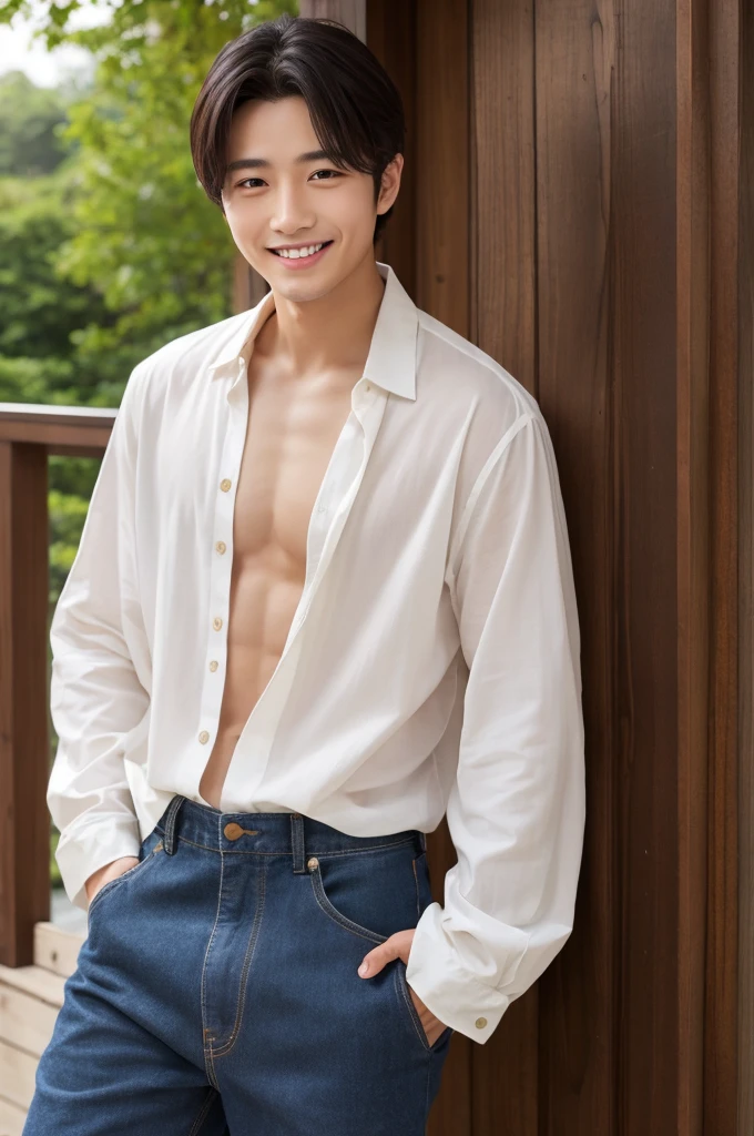 ((Highest quality))、Beauty、smile、All open shirt、Hemming、