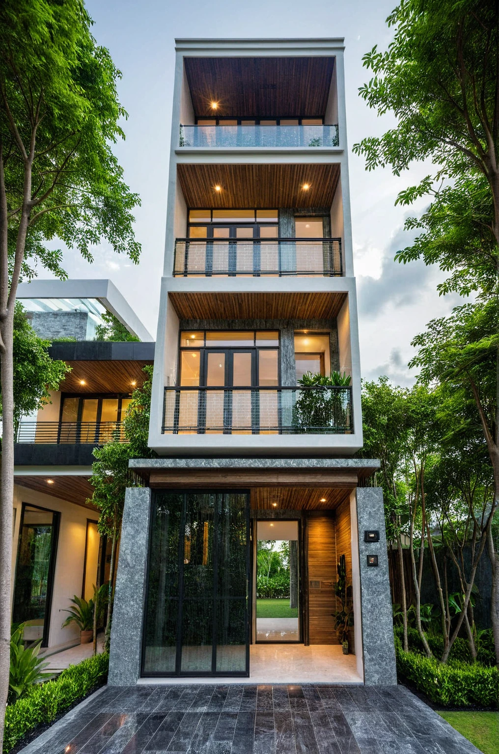 masterpiece, best quality, exterior design, (sunset), single 1 storie modern house on the Vietnam village, marble, steel, modern dark tiled granite and white walls facade, wooden ceiling, large glass, minimalist modern style, green shrubs and tropical tree background, large door and windows.
