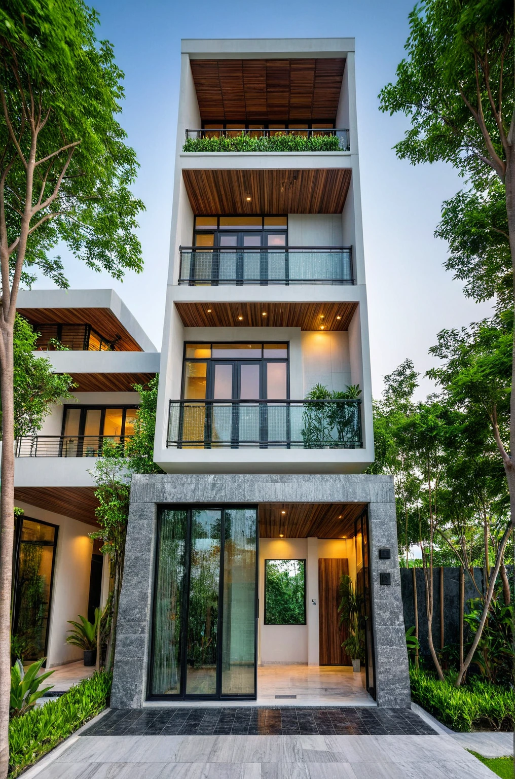 masterpiece, best quality, exterior design, (sunset), single 1 storie modern house on the Vietnam village, marble, steel, modern dark tiled granite and white walls facade, wooden ceiling, large glass, minimalist modern style, green shrubs and tropical tree background, large door and windows.
