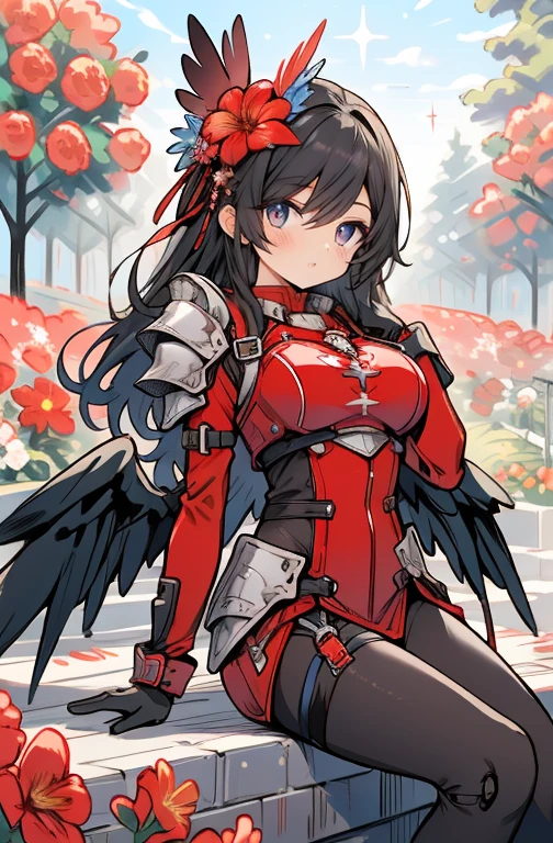 (Masterpiece artwork, best qualityer), details Intricate, Valkyrie, kawaii, (((cheerful grin))), Open your mouth and laugh, hands up, gazing at viewer, Feather helmet, natta, (((Red flower garden))), sitting down, 18 year old , 

1 girl in, standing alone, realisitic, ultra detali, (shining skin:1.4), absurdrez, 苗条, dynamic lighting, high resolution, sharp focus, depth of fields, detailedeyes, sharp pupils, realisitic pupils, (breasts big:1.6), (thick-thighs:1.0), 

portraite, swept bangs, Bblack hair, droopy eyes, Crimson thighs, Deep Red Detached Single Sleeve, robot joints, Deep Red Gloves, Deep Red Bodysuit, Deep Red Reinforced Suit, Closed feather wings, pantyhose, Deep Red Full Armor, flower decoration,