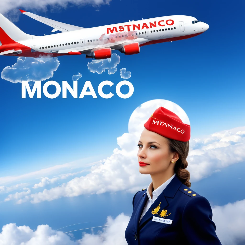stewardess, airplane, double exposure, (("monaco", "Istanbul", "Moscow")) Text logo, clouds