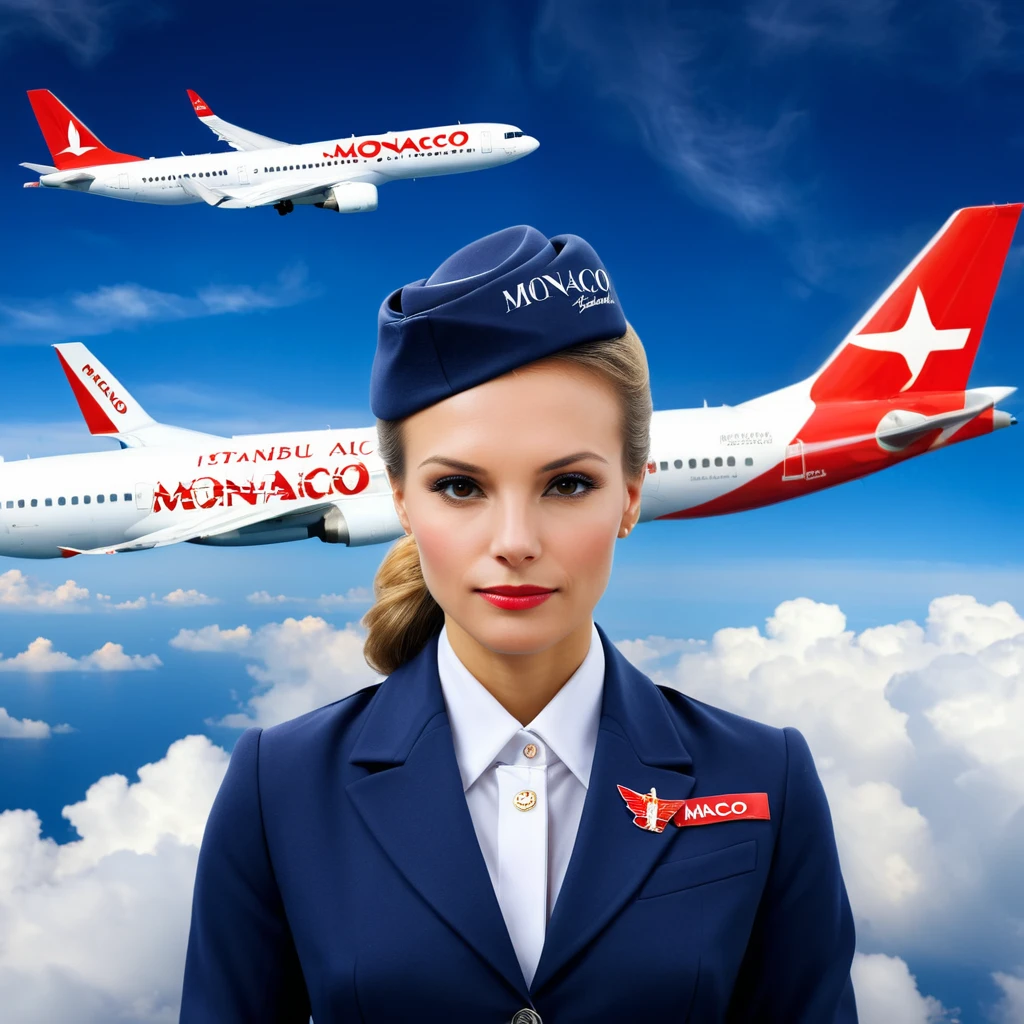 stewardess, airplane, double exposure, (("monaco", "Istanbul", "Moscow")) Text logo, clouds