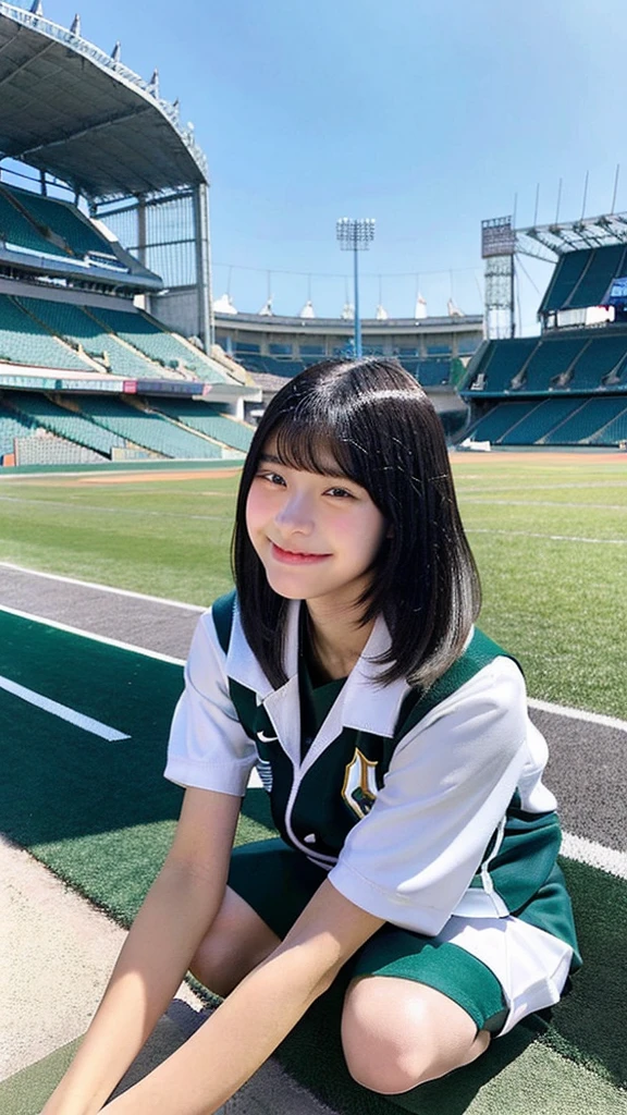 A -yeld giwearing an athletics uniform、Black Hair、Bobcut、Sit with your legs stretched、Place your hands on the ground behind your back、From above、Athletics Stadium、smile、