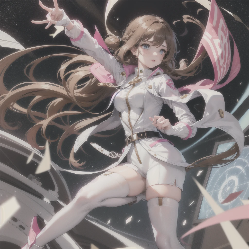 A woman, long brown hair [Wavy hair at the end of the hair,], blue eyes [bright pupils 1.5] break 
White shirt[with white shirt collar], Pink coquette jacket[Zipped up half way], Space blue short, Black gloves[short gloves,cover only the wrist and middle finger], Black tights, White legs warm,Blown boots [Short]. Break 
