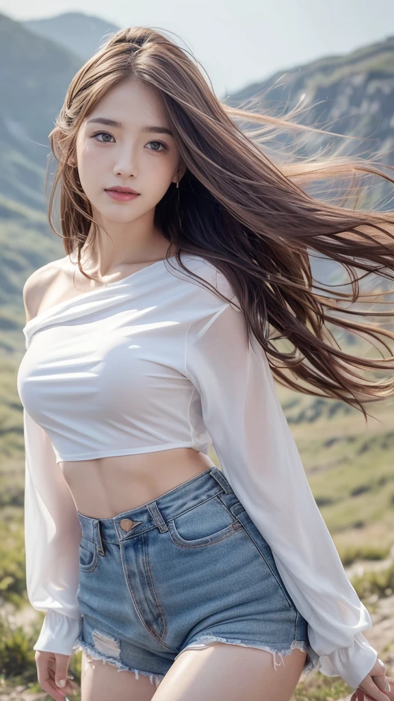 (( Realistic light, Best quality, 8k, Masterpiece :1.3)), 1girl, small mole under eyes, smile, closed eyes, small moles on the breast, Pretty woman with slender figure :1.4, abs :1.1, korean, pale-skin, (floatingwavy silk-brown hair, floating hair by wind, big_breasts :1), (deep_cleavage), white offshoulder shirt:1.2, long sleeves wet by wind, (sweaty skin:1.3), standing, night in the mountain, campfire light, Ultra-detailed face, Detailed eyes, Double eyelid, shiny skin, cowboy shot