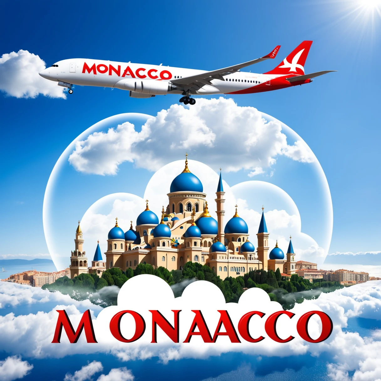 stewardess, airplane, double exposure, (("monaco", "Istanbul", "Moscow")) Text logo, clouds