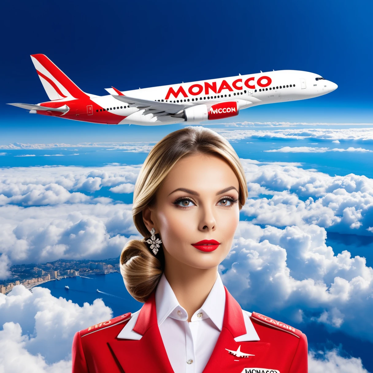 stewardess, airplane, double exposure, (("monaco", "Istanbul", "Moscow")) Text logo, clouds