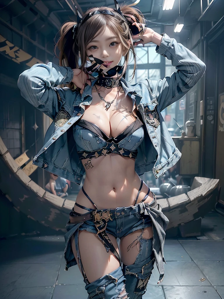 (Full Body View:1.3)、(Beautiful lips and nose:1.4)、(Long eyelashes:1.4)、(Side view:1.1)、(Smiling with teeth showing:1.3),(Shibuya Gal:1.5)、(Gothic ta delicately decorated dress:1.5)、(Tattered denim and black punk rock cargo pants:1.5)、(Denim and white skull mark small jacket:1.4)、(denim garter belt:1.5)、(Black and denim knee socks:1.3)、(Skull Silver Accessories:1.5)、(Denim collar:1.3)、(Brown Skin Belt:1.4)、(Brown boots:1.2)、(The underwear is striped:1.4)、31 years old、((Highest quality、In 8K、masterpiece:1.3))、Sharp focus:1.2、(Layered Cut、Huge boobs:1.1),Beautiful woman with perfect figure:1.4、(Dancing vigorously:1.3)、Slender Abs:1.2、Highly detailed face and skin texture、Detailed eyes、double eyelid,(Twin tails:1.3)、(Brown-golden hair:1.3)、Gravure idol、(The background is a gorgeous celestial temple:1.3)、(Slim body:1.2),(Make your legs thinner:1.4),(clavicle:1.1)