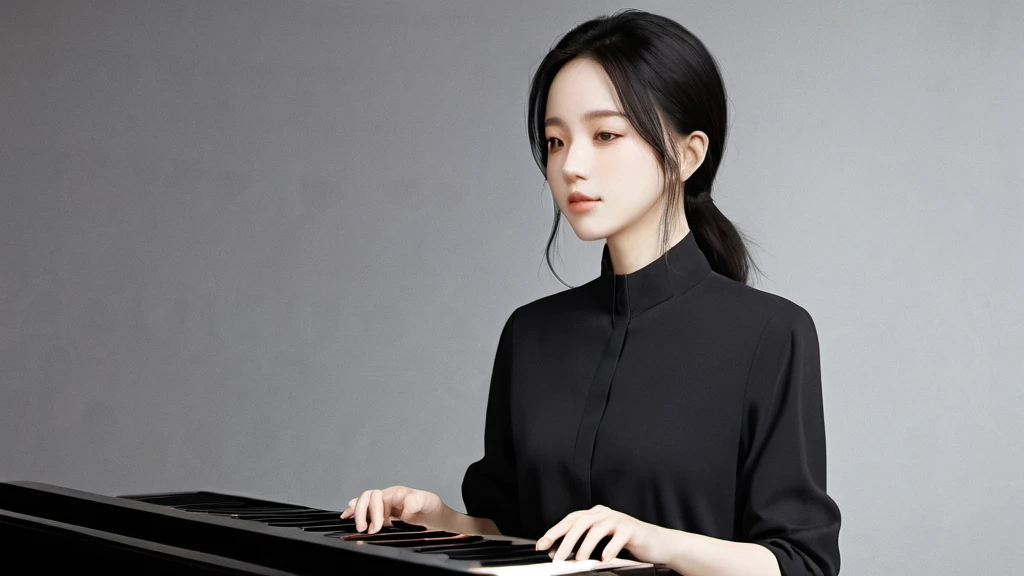 xxmixgirl,,Jing-Hao Zhang style, dark gray and light black, 8K resolution, Miho Hirano, character caricature, Albert Edelfeldt, playing the piano