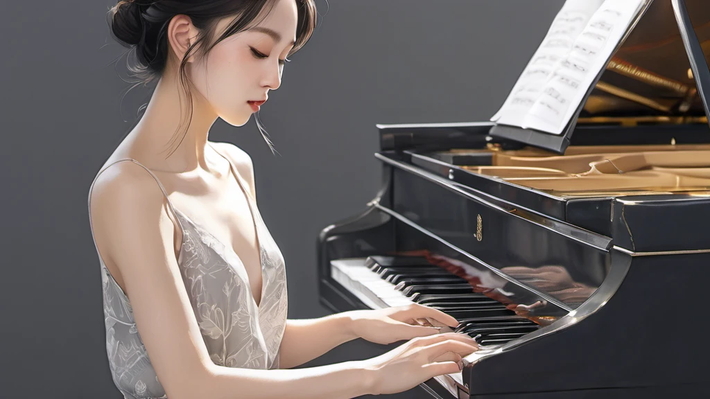 xxmixgirl,,Jing-Hao Zhang style, dark gray and light black, 8K resolution, Miho Hirano, character caricature, Albert Edelfeldt, playing the piano